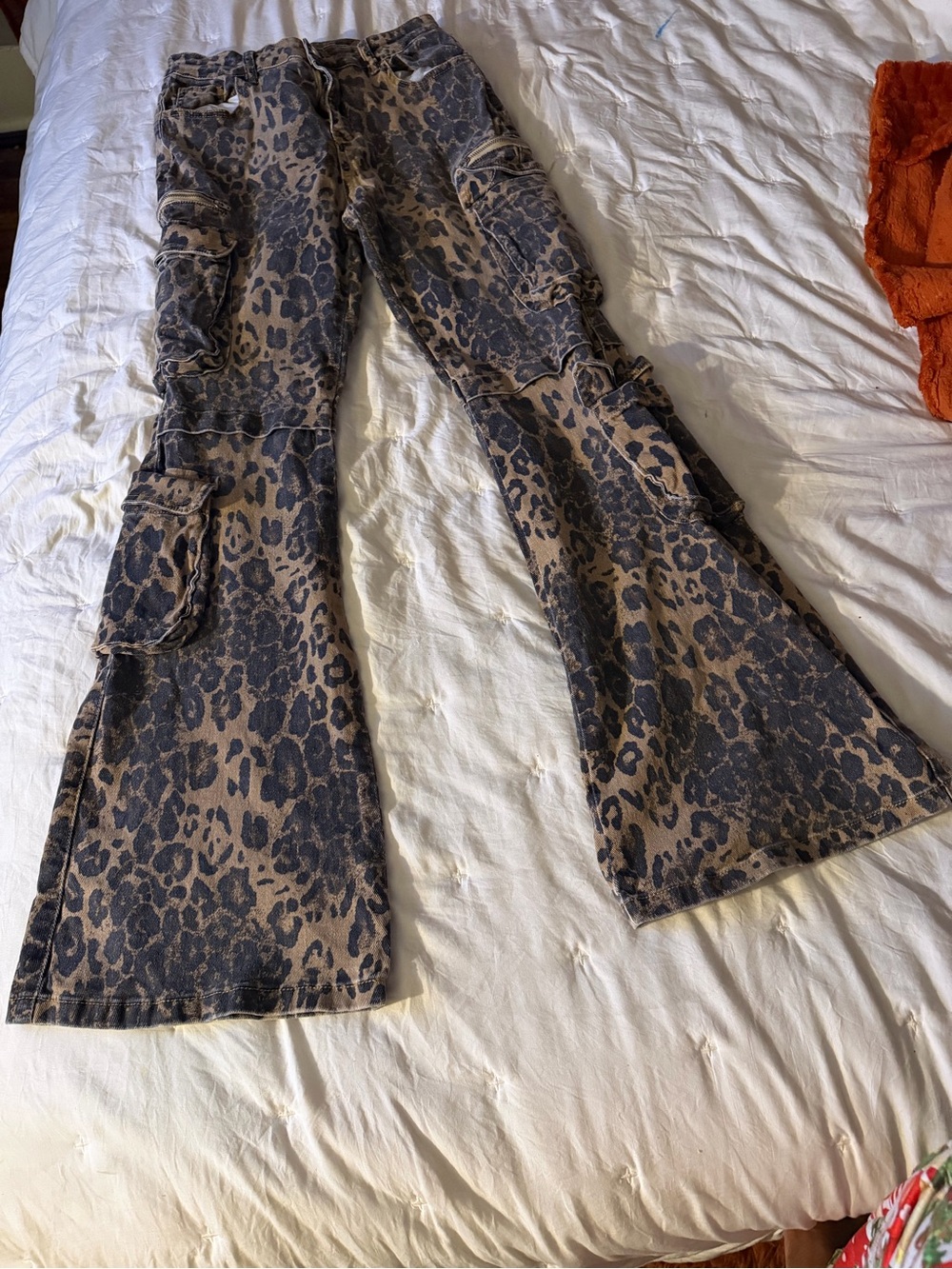 Fashion Nova Leopard Flare Cargo Jeans in Brown and Black